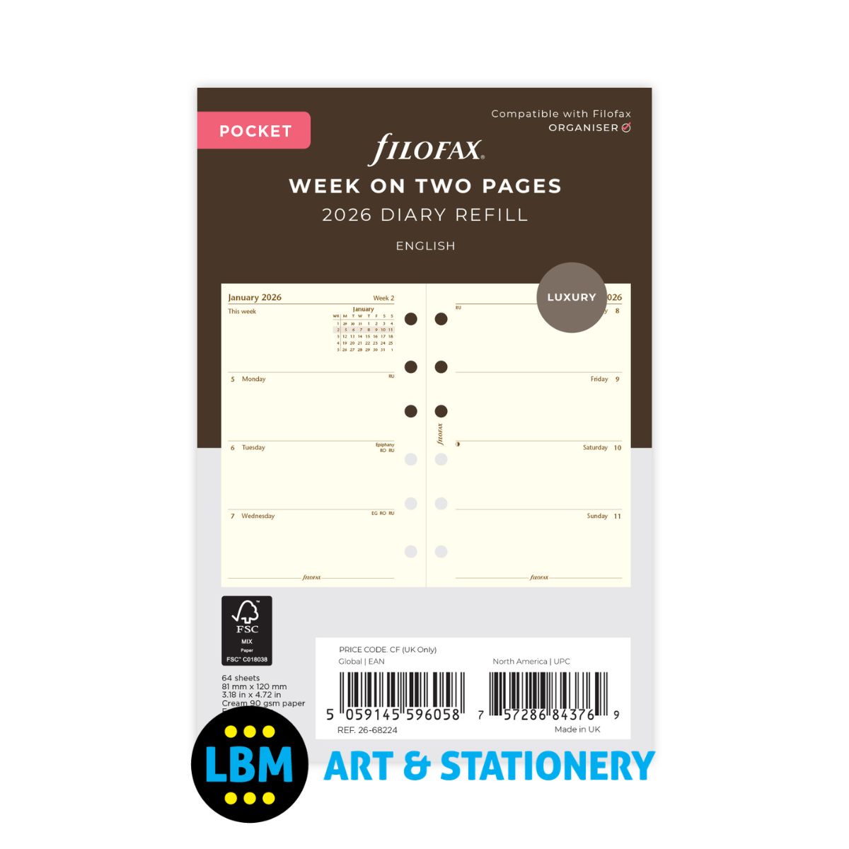 Filofax - 2027 Week On Two Pages Cotton Cream Diary Refill - Pocket Organiser - 27-68224
