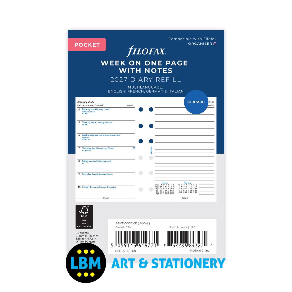 Filofax - 2027 Week On One Page with Notes Diary Refill - Pocket Organiser - 27-68209