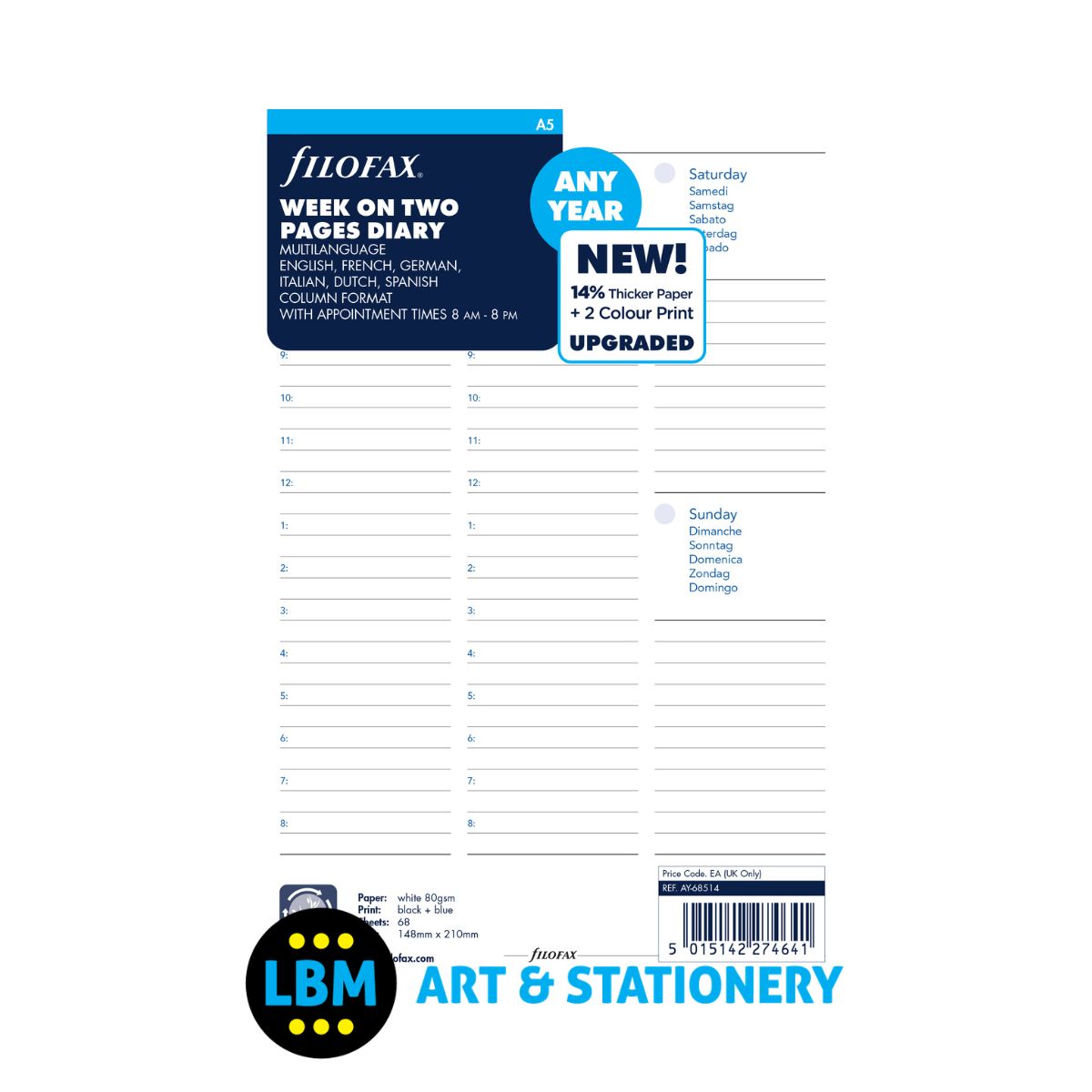  - Filofax - Any Year Week On Two Pages Multi Language Diary Refill - A5 Organiser - AY-68514 - LBM Art & Stationery Store