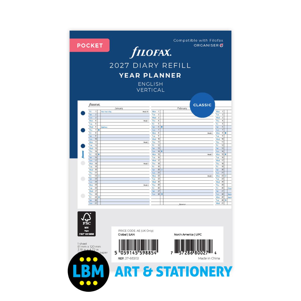 Filofax - 2027 Year Planner Vertical Layout Diary Refill - Pocket Organiser - 27-68202