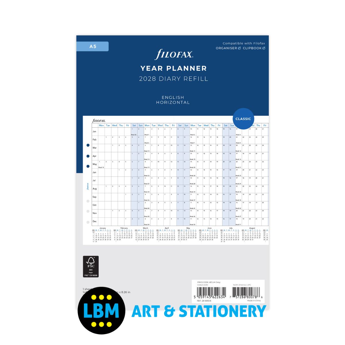 Filofax - 2028 Year Planner Horizontal Layout Diary Refill - A5 Organiser - 28-68506