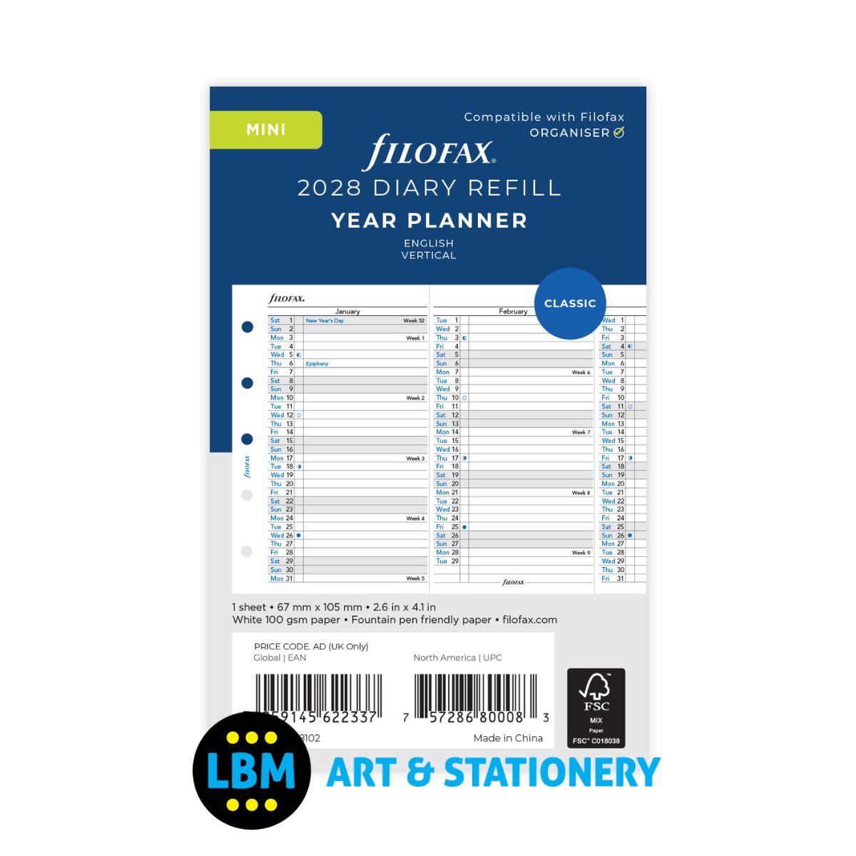 Filofax - 2028 Year Planner Vertical layout Diary Refill - Mini Organiser - 28-68102