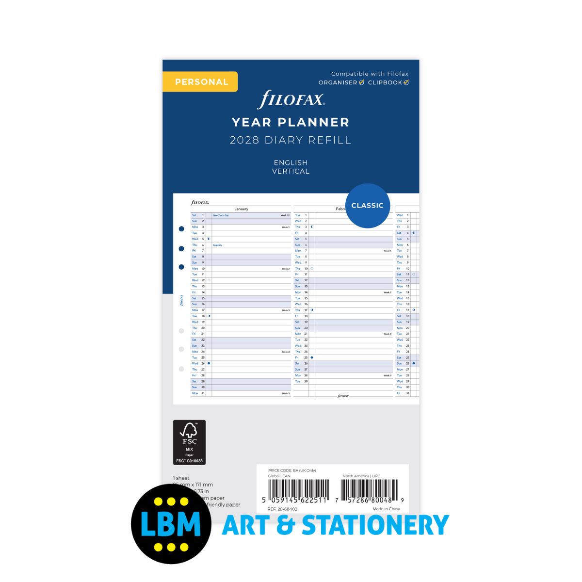 Filofax - 2028 Year Planner Vertical layout Diary Refill - Personal Organiser - 28-68402