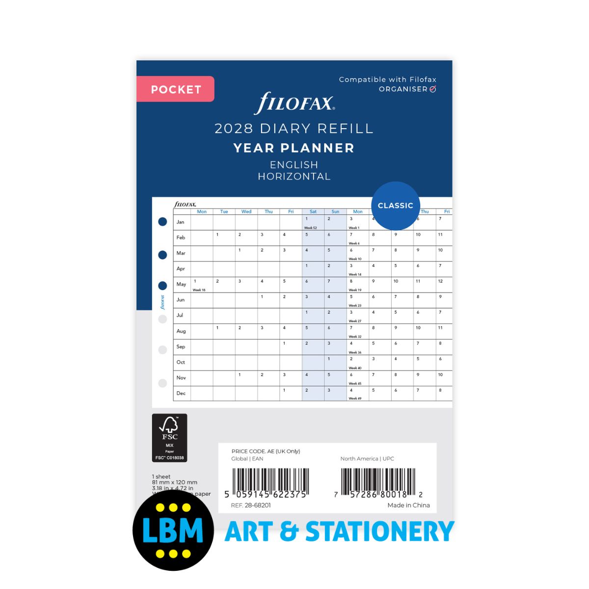 Filofax - 2028 Year Planner Horizontal Diary Refill - Pocket Organiser - 28-68201