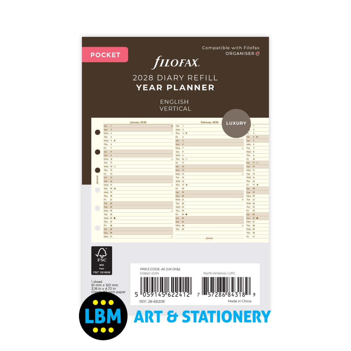 Filofax - 2028 Year Planner Vertical Layout Cotton Cream - Pocket Organiser - 28-68208