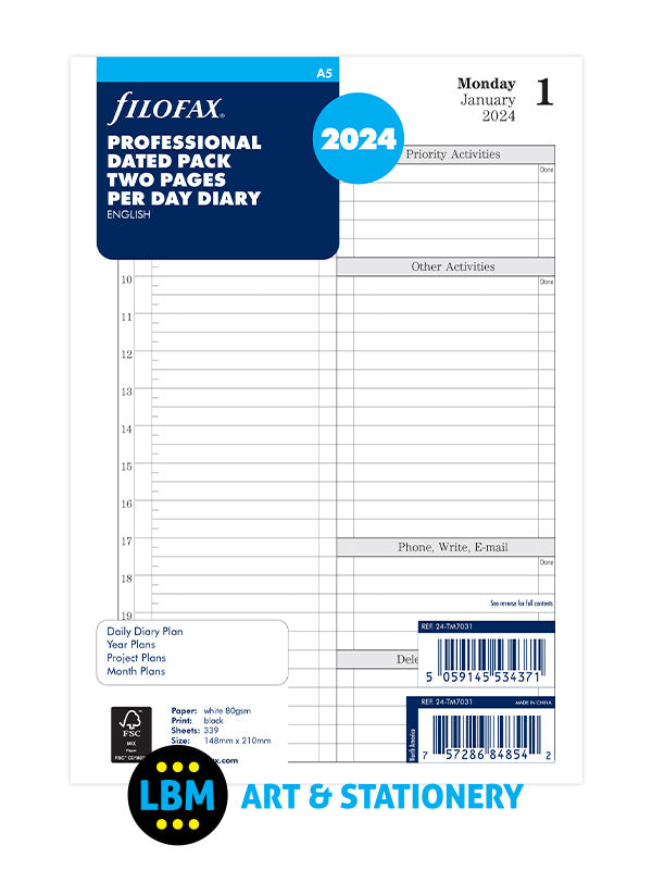 Filofax - 2024 A5 Diary Refill Professional Two Pages Per Day Dated Pack 24-TM7031 - LBM Art & Stationery Store
