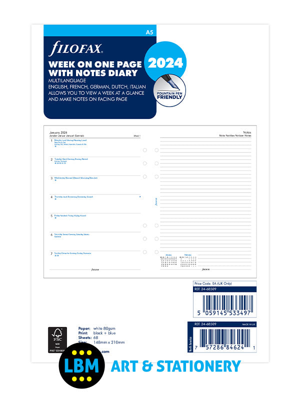 Filofax - 2024 A5 Diary Refill Week On One Page with Lined Notes 24-68509 - LBM Art & Stationery Store
