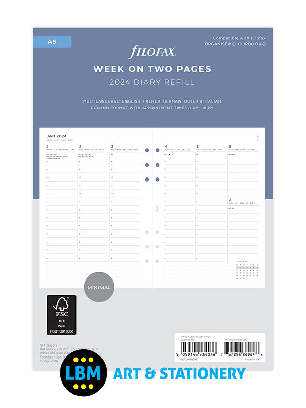 Filofax - 2024 A5 Diary Refill Week On Two Pages Appointments 24-68593 - LBM Art & Stationery Store