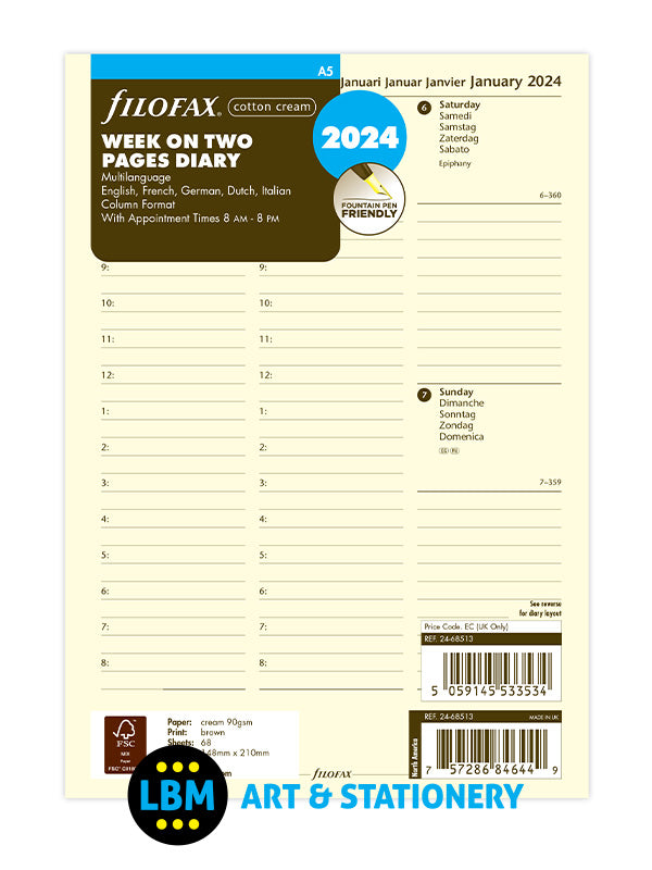 Filofax - 2024 A5 Diary Refill Week On Two Pages Cotton Cream 24-68513 - LBM Art & Stationery Store
