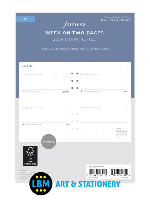 Filofax - 2024 A5 Diary Refill Week On Two Pages Insert Refill 24-68590 - LBM Art & Stationery Store