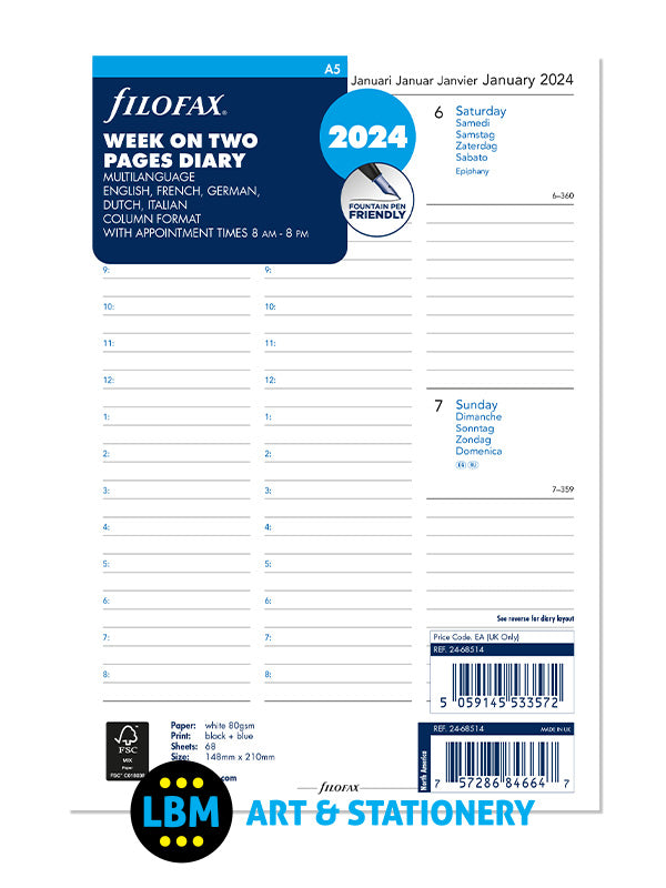 Filofax - 2024 A5 Diary Refill Week On Two Pages Multi-language 24-68514 - LBM Art & Stationery Store