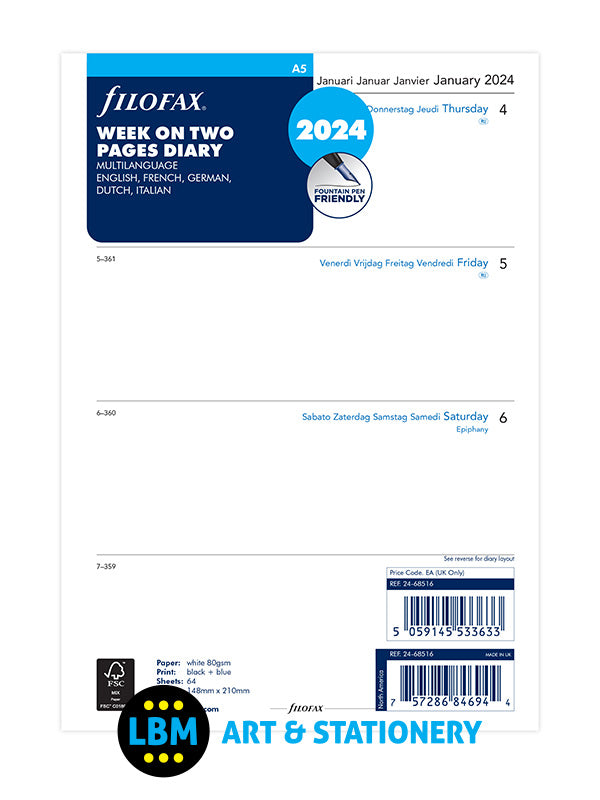 Filofax - 2024 A5 Diary Refill Week On Two Pages Multi Language Insert 24-68516 - LBM Art & Stationery Store