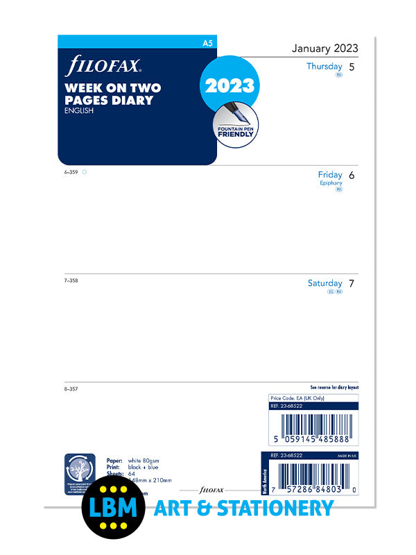 Filofax - 2024 A5 Diary Refill Week On Two Pages Organiser Insert 24-68522 - LBM Art & Stationery Store