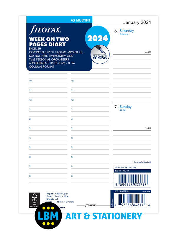 Filofax - 2024 A5 Diary Week On Two Pages Appointment Multi-Fit 24-68521M - LBM Art & Stationery Store