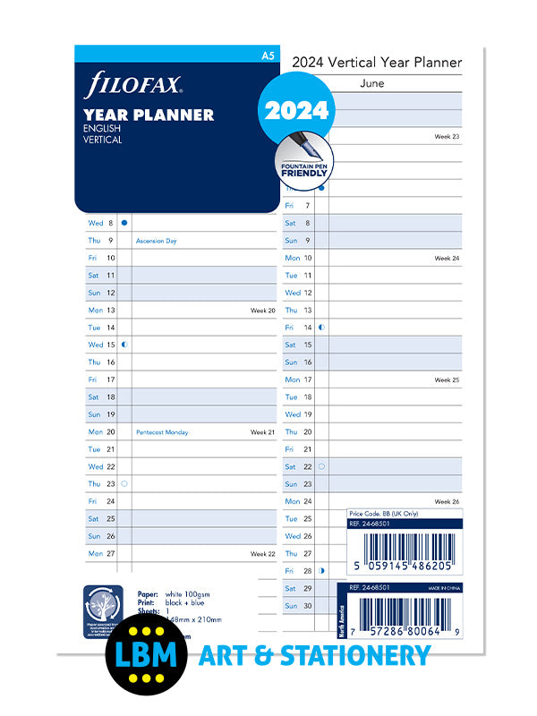 Filofax - 2024 A5 size Year Planner Vertical Layout Diary Refill 24-68501 - LBM Art & Stationery Store