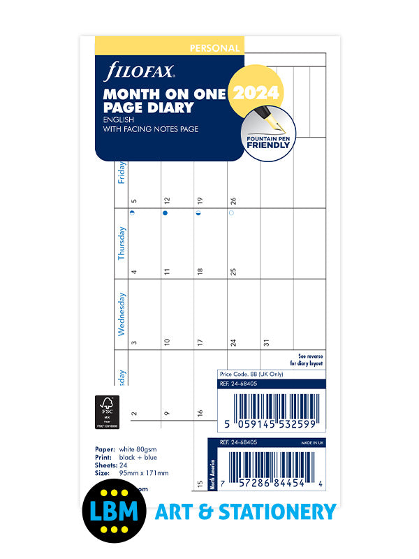 Filofax - 2024 Personal Diary - Month On One Page with Facing Notes 24-68405 - LBM Art & Stationery Store