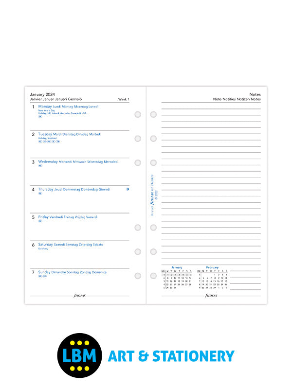 Filofax - 2024 Personal Diary Refill Week On One Page with Lined Notes 24-68409 - LBM Art & Stationery Store