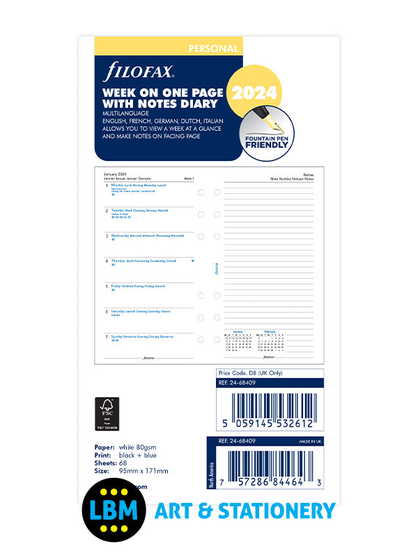 Filofax - 2024 Personal Diary Refill Week On One Page with Lined Notes 24-68409 - LBM Art & Stationery Store