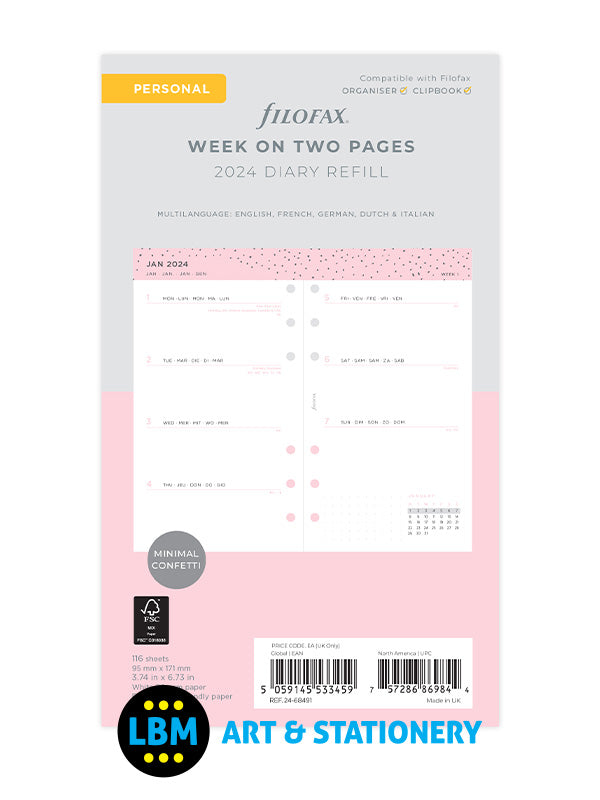 Filofax - 2024 Personal Diary Refill Week On Two Pages Confetti Design 24-68491 - LBM Art & Stationery Store