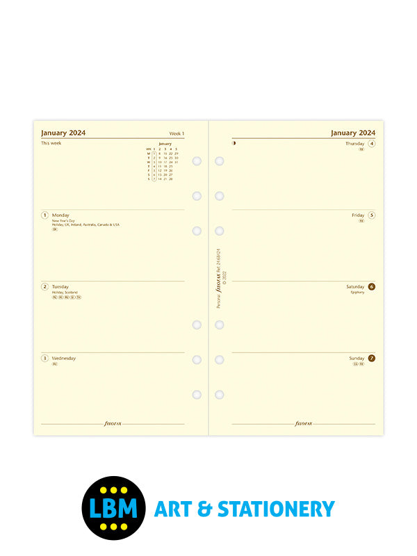 Filofax - 2024 Personal Diary Refill Week On Two Pages Cotton Cream 24-68424 - LBM Art & Stationery Store