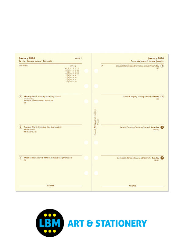 Filofax - 2024 Personal Diary Refill Week On Two Pages Cotton Cream Multi Language 24-68413 - LBM Art & Stationery Store