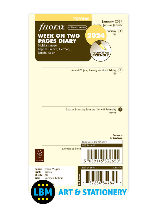 Filofax - 2024 Personal Diary Refill Week On Two Pages Cotton Cream Multi Language 24-68413 - LBM Art & Stationery Store