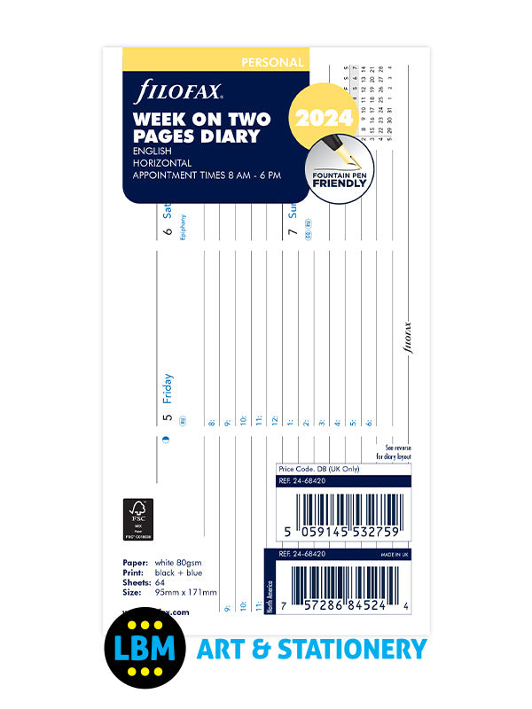 Filofax - 2024 Personal Diary Refill Week On Two Pages Horizontal Layout 24-68420 - LBM Art & Stationery Store