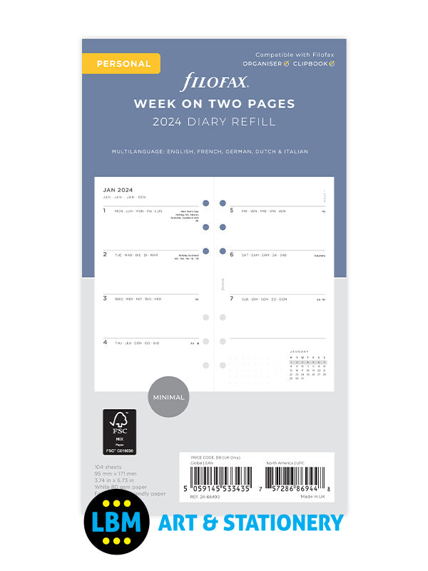 Filofax - 2024 Personal Diary Refill Week On Two Pages Minimal Design Refill 24-68490 - LBM Art & Stationery Store