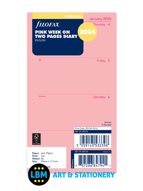 Filofax - 2024 Personal Diary Refill Week On Two Pages Pink Insert 24-68478 - LBM Art & Stationery Store