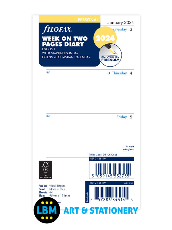 Filofax - 2024 Personal Diary Refill Week On Two Pages Sunday Start 24-68419 - LBM Art & Stationery Store