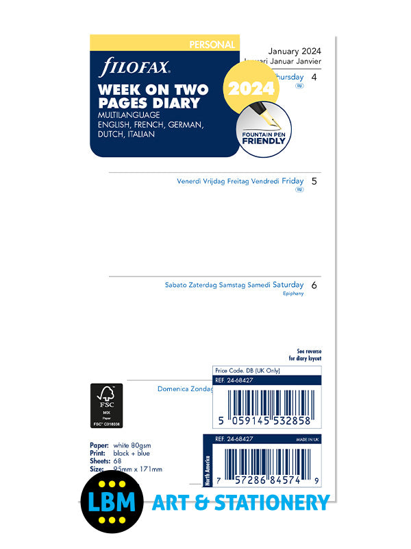 Filofax - 2024 Personal size Diary Week On Two Pages Multi Language 24-68427 - LBM Art & Stationery Store