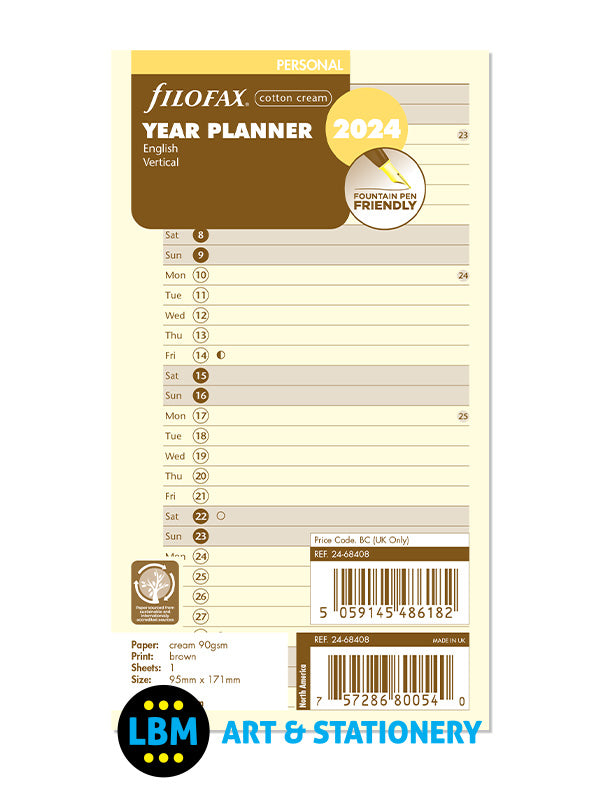 Filofax - 2024 Personal size Year Planner Vertical Layout Cotton Cream 24-68408 - LBM Art & Stationery Store