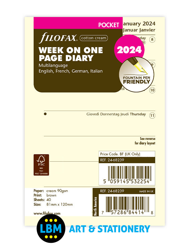 Filofax - 2024 Pocket Diary - Week On One Page Cotton Cream Insert 24-68239 - LBM Art & Stationery Store