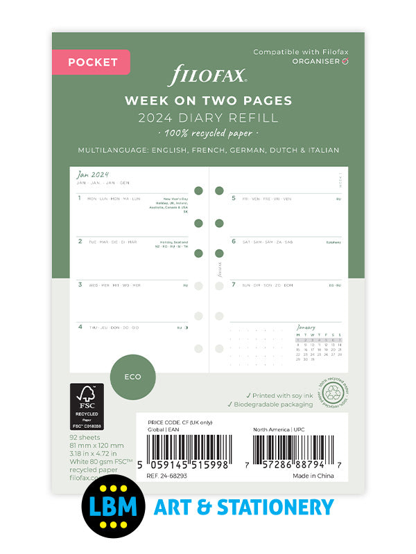 Filofax - 2024 Pocket Diary ECO Week On Two Pages Diary with Tabs 24-68293 - LBM Art & Stationery Store