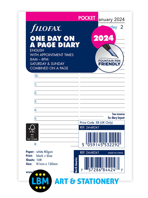 Filofax - 2024 Pocket Diary Refill One Day On A Page Organiser 24-68241 - LBM Art & Stationery Store