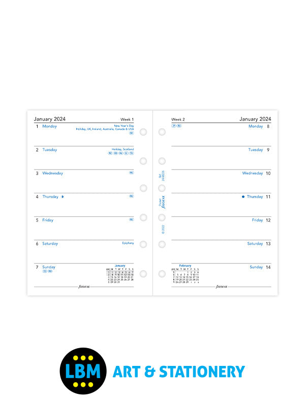 Filofax - 2024 Pocket Diary Refill Week On One Page Organiser Insert 24-68226 - LBM Art & Stationery Store