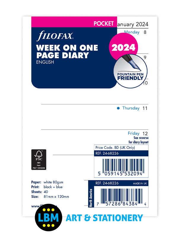 Filofax - 2024 Pocket Diary Refill Week On One Page Organiser Insert 24-68226 - LBM Art & Stationery Store