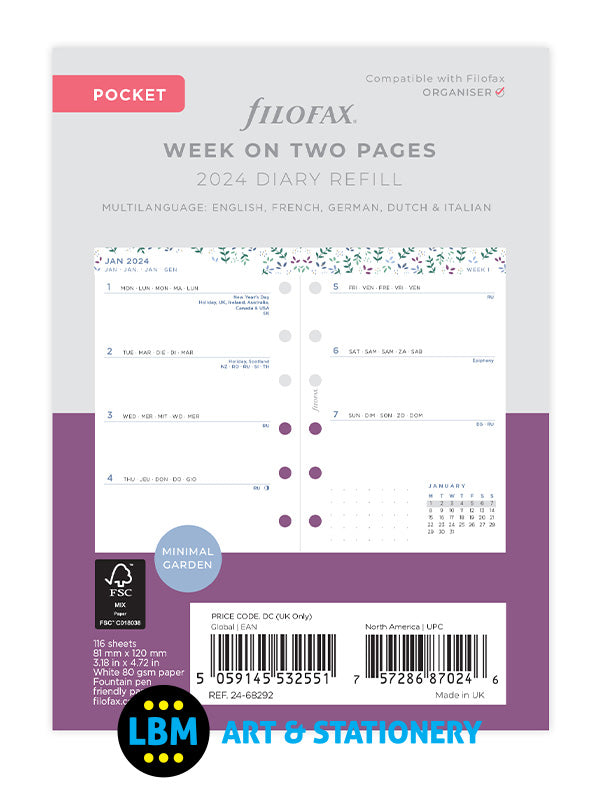 Filofax - 2024 Pocket Diary Refill Week On Two Pages Garden Design 24-68292 - LBM Art & Stationery Store