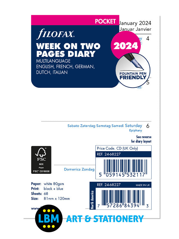 Filofax - 2024 Pocket Diary Refill Week On Two Pages Multi Language 24-68227 - LBM Art & Stationery Store
