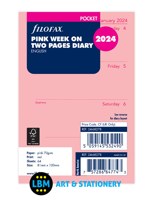 Filofax - 2024 Pocket Diary Refill Week On Two Pages Pink Organiser 24-68278 - LBM Art & Stationery Store