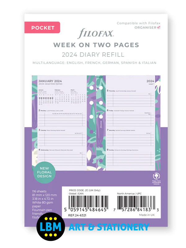 Filofax - 2024 Pocket Week On Two Pages Illustrated Floral Diary Pack 24-6321 - LBM Art & Stationery Store