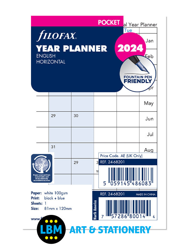 Filofax - 2024 Pocket size Year Planner Horizontal layout Diary Refill 24-68201 - LBM Art & Stationery Store