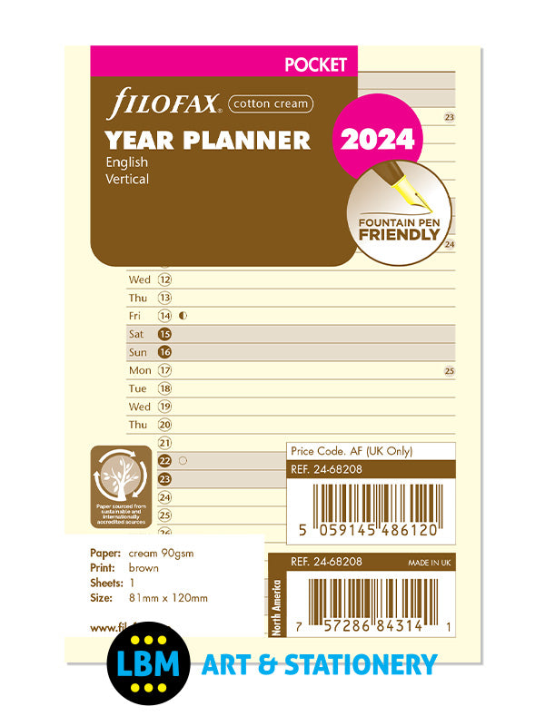 Filofax - 2024 Pocket size Year Planner Vertical Layout Cotton Cream 24-68208 - LBM Art & Stationery Store