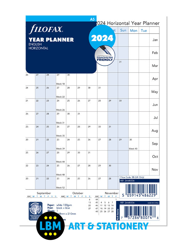 Filofax - 2024 A5 size Year Planner Horizontal Layout Diary Refill 24-68506 - LBM Art & Stationery Store