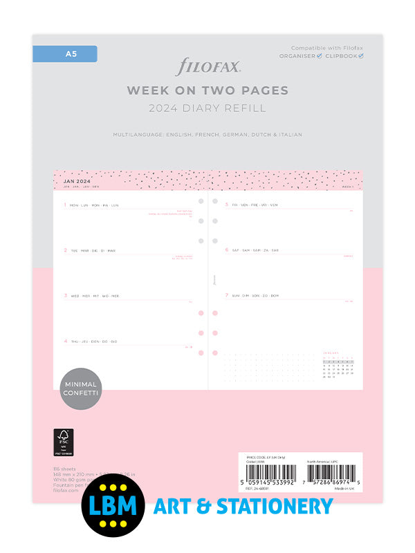 Filofax - Confetti 2024 A5 Diary Week On Two Pages Refill 24-68591 - LBM Art & Stationery Store