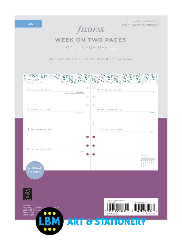 Filofax - Garden 2024 A5 Diary Week On Two Pages Refill 24-68592 - LBM Art & Stationery Store