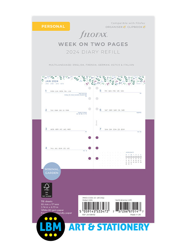Filofax - 2024 Personal Diary Refill Week On Two Pages Garden Design 24-68492 - LBM Art & Stationery Store