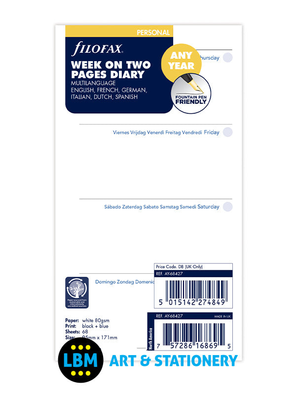 Filofax - Personal size Any Year Diary Week On Two Pages Multi Language 68427 - LBM Art & Stationery Store