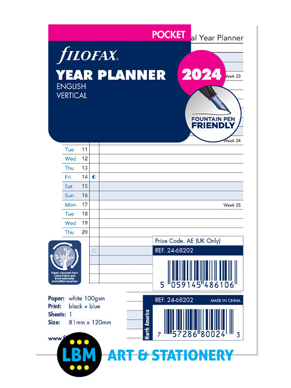 Filofax - Pocket size Year Planner - Vertical layout Diary Refill - choose year - 68202 - LBM Art & Stationery Store
