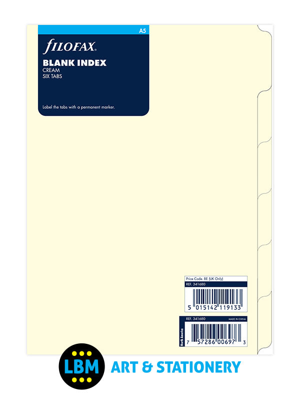 Filofax - A5 size Blank Index 6-Part Plain Tab Cream Divider Refill 341680 - LBM Art & Stationery Store